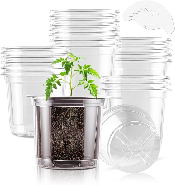 SupKing 4 Inch Clear Plant Nursery Pots 20 Packs Small Plastic Seed Starters Orchid Flower Pot with Drainage Holes for Transplanting Succulents Cuttings Seedlings Bonus 15 Plant Labels