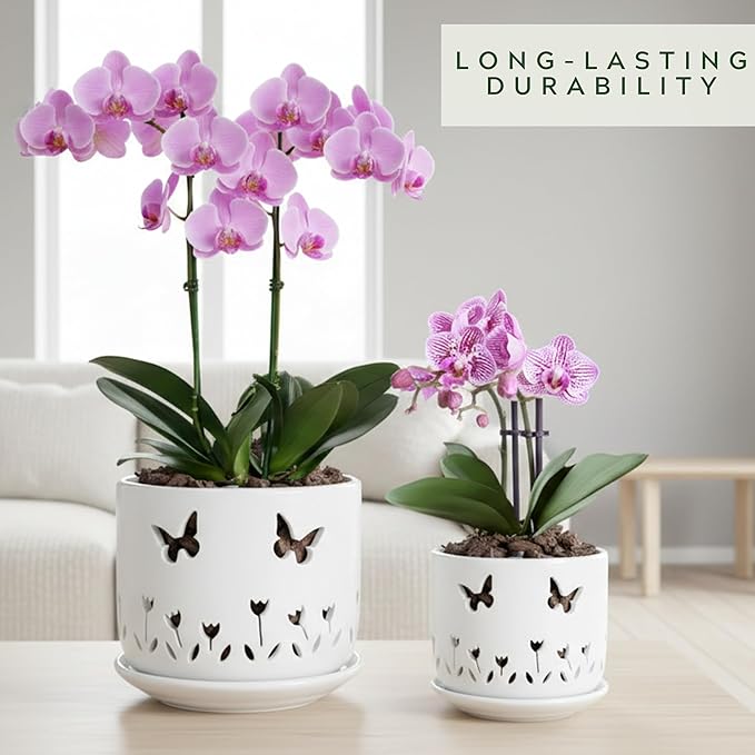 2 Pack, 5 + 6 Inch White Orchid Pots with Butterflies and Tulips Holes and Saucer, Ceramic Orchid Planters for Repotting with Drainage Holes and Tray Indoor Outdoor, Butterfly Gift