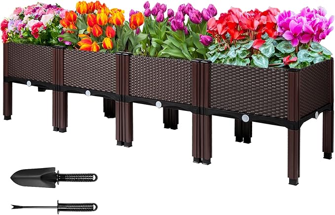 MAYOLIAH Raised Garden Bed with Drainage Elevated Planter Box Plastic Raised Beds for Gardening Vegetables Herb Flowers, Perfect for Indoor Outdoor Planting, 4 Boxes Brown