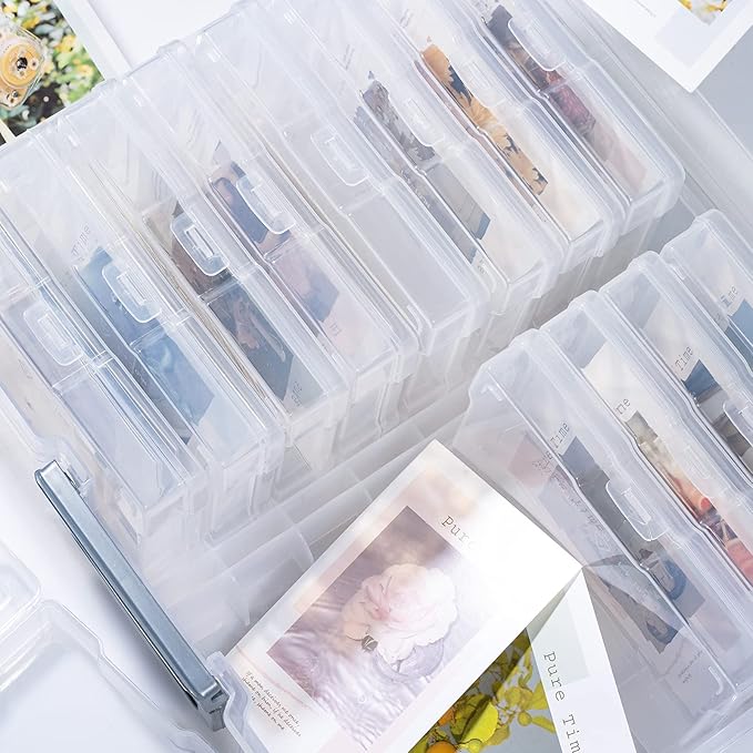 novelinks Transparent 4" x 6" Photo Organizers and Photo Storage Box with Handle, 16 Inner Photo Cases, Portable Picture Organizers & Photo Storage Containers (Clear-Silver Handle)