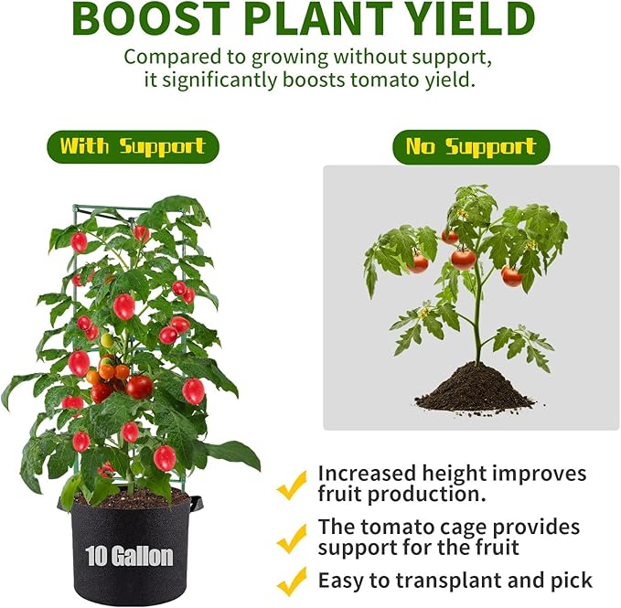 PASARA Tomato Cages with Grow Bags - 50 Inches Tomato Trellis for Raised Garden Bed, 3-Pack Tomato Plant Support, with 10 Gallon Plant Grow Bags, Reusable and Height Adjustable