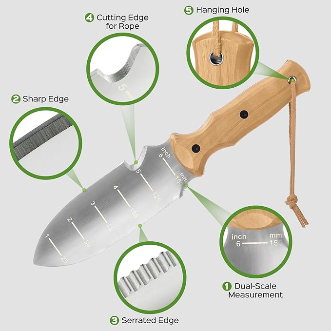 Garden Tools Trowel with EDC Sheath for Weeding Digging Planting, Gifts for Women Mom Her, Gardening Tools with 7" Stainless Steel Blade, Dual-Scale Measurement,Hanging Hole, Gifts for Men Dad Him