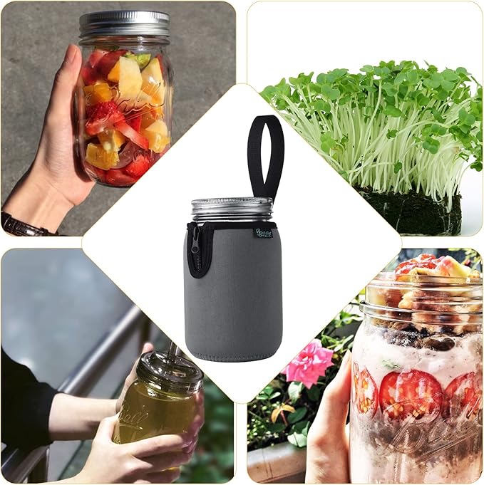 Beautyflier Mason Jars 32oz Wide Mouth Sleeve Regular Mouth Mason Jars Insulators Drinking Glass Coolers Sprouting Jars Blackout Sleeve (Gray)