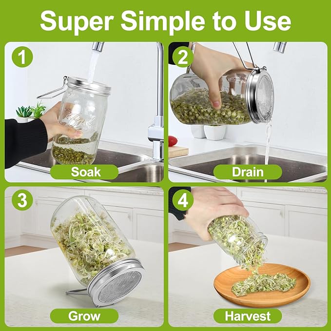 Sprouting Lids 2Pack Sprouting Lids for Wide Mouth Mason Jars with Stainless Steel Sprouter Lids & Stand for Broccoli, Alfalfa, Mung Bean Plant Germination Kits