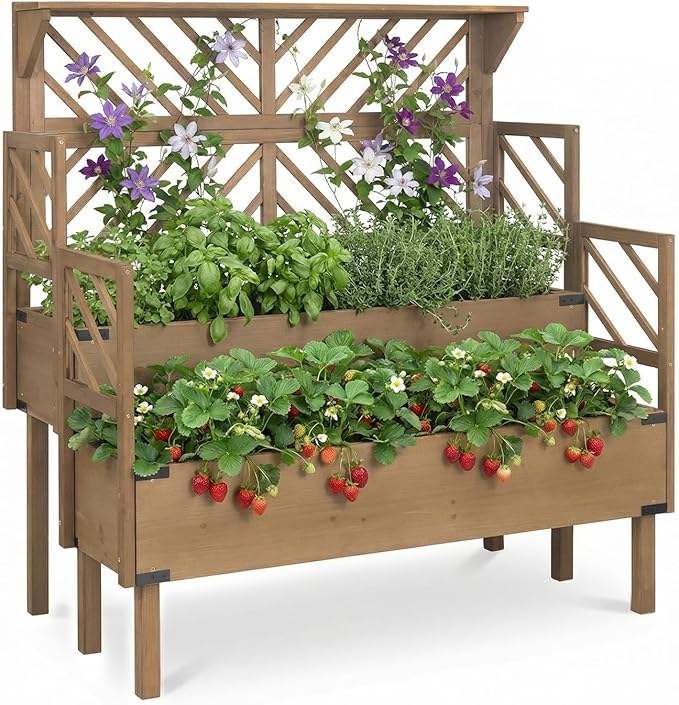 PetsCosset Raised Garden Bed with Trellis, 2-Tier Elevated Planter Box with Legs & Top Shelf, Liner, Metal Corners, Wooden Garden Beds for for Climbing Plants, Flower, Vegetables, Herbs