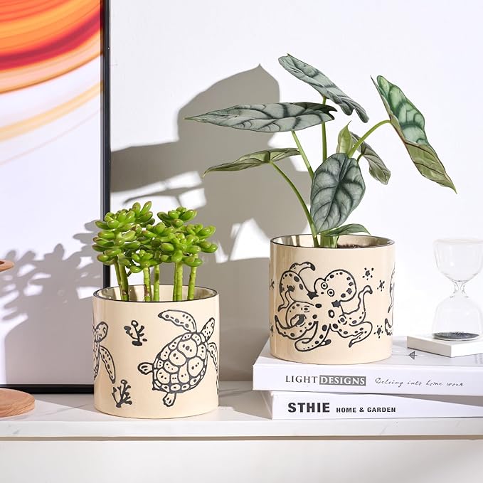 STHIE 5 Inch Ceramic Plant Pots with Drainage Holes, Small Round Flower Pots for Indoor Plant, Unique Animal Flower Planters (Octopus)