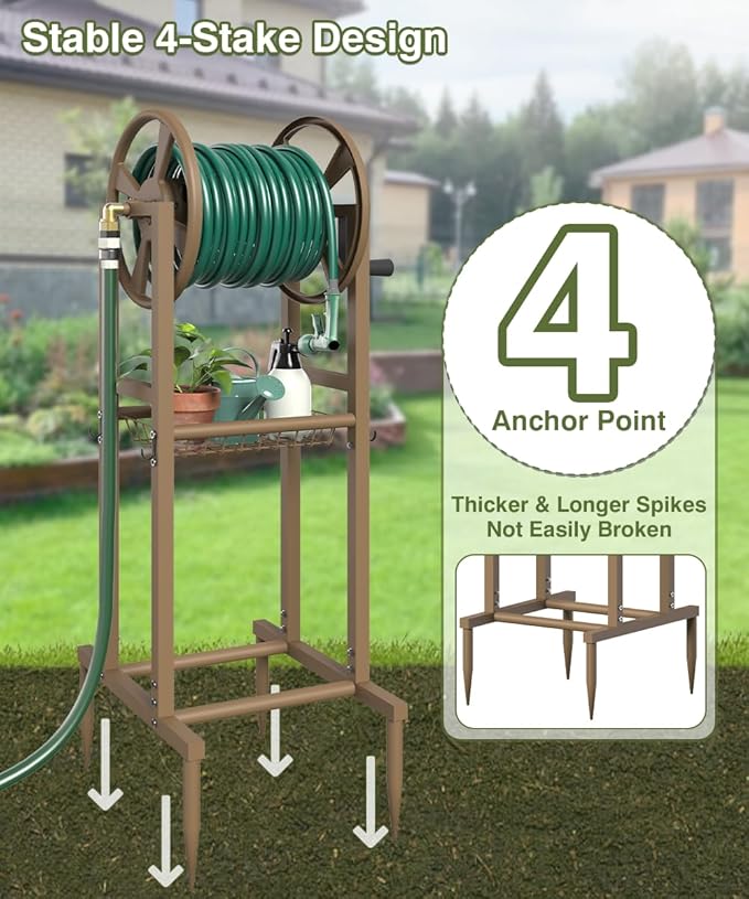 Freestanding Garden Hose Reel holds 125ft Hose of 5/8" with 4 Hooks, 4-Spike Outdoor Hose Holder with 3.9ft Leader Hose & Brass Fitting, Detachable Metal Hose Stand with Storage Rack, Brown
