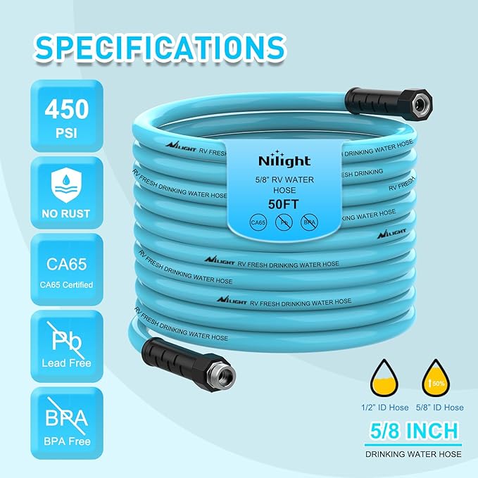Nilight RV Water Hose 50FT Garden Drinking Hoses with Storage Bag Leakproof Anti-Kink 5/8" Inner Diameter Flexible Lightweight Freshwater Hose for RVs Campers Travel Trailer Boat Car Wash Accessories