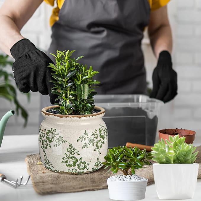 Vintage Planter Large Ceramic Plants Pot Green Beige Vintage Ditsy Ice Crack Cottage Scroll Vase Flower Vase Pot Indoor Plants Home Kitchen Decor Farmhouse Antique Decorative Gifts