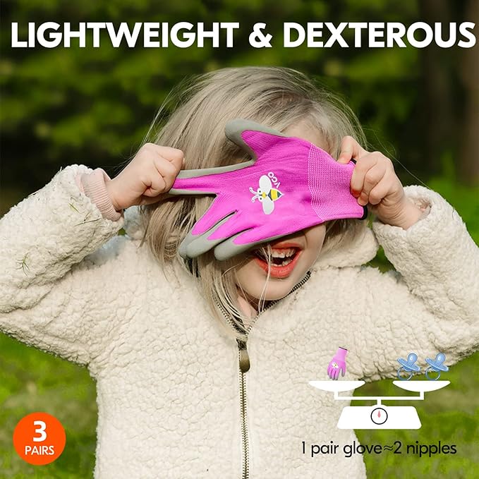 Vgo... 3-Pairs Age 5-7 Kids Gardening Gloves, Children Yard Work Gloves, Soft Safety Rubber Gloves (XXS, KID-RB6013)