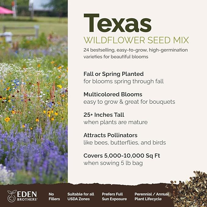 Eden Brothers Texas Wildflower Mixed Seeds for Planting, 5 lb, 2,400,000+ Seeds with Cornflower, Birds Eyes, African Daisy, Attracts Pollinators, Plant in Spring or Fall, Zones 3, 4, 5, 6, 7, 8, 9, 10