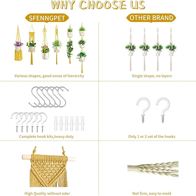 SFENNGPET Macrame Plant Hangers, 6Pack Hanging Planters for Indoor Plants w/ 6 Set Hangers Kit Handmade Macromay Plant Hangers Indoor Flower Pots Holder Stand for Boho Home Décor (POTS NOT Included)