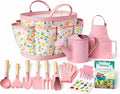 Qtioucp Kids Gardening Set 14Pcs Garden Tools with Tote Bag,Watering Can, Shovel, Apron, Garden Book and More Educational STEM Learning Outdoor for Toddlers Boys Girls (Floral)
