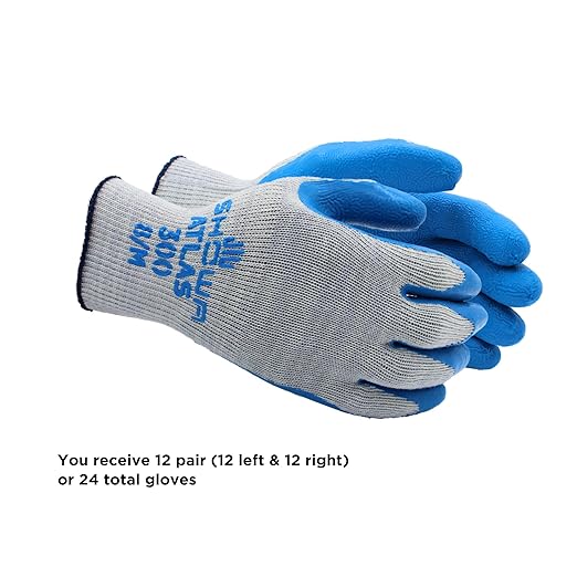 SHOWA Atlas 300 Original 1994 Crinkle Grip Work Gloves, Natural Latex Palm, Heavy Duty 10-Gauge for Construction, Landscaping, Gardening, & Masonry, Blue, Small, 12-Pair