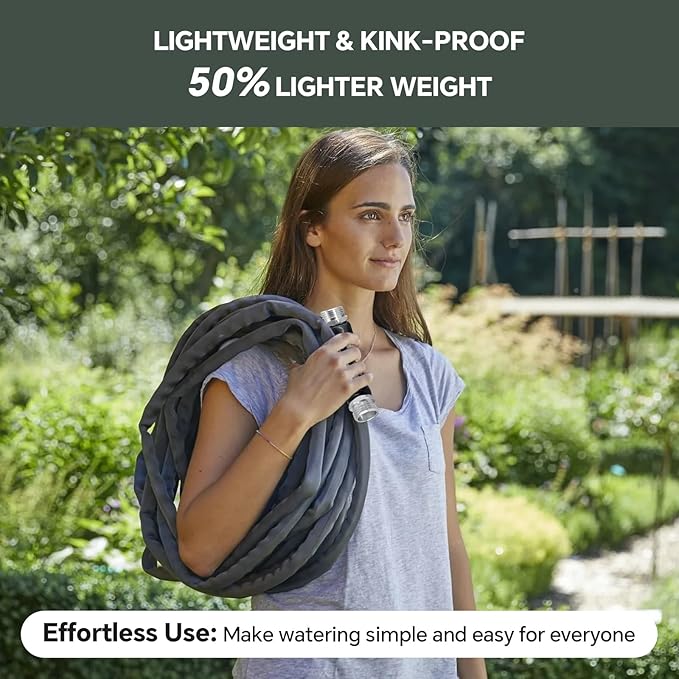 Garden Hose 25ft, Made of TPU(Not PVC), Ultra-Light & Flexible Water Hose, Non-Shrinking, Easy to Store, Drinking Water Safe Material, All-weather, Black&Gray
