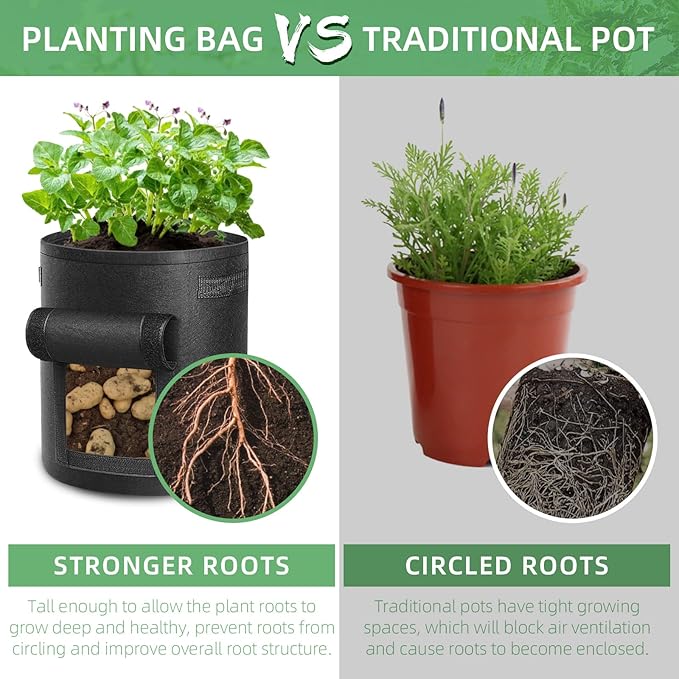 6 Pack 10 Gallon Potato Grow Bags, Heavy Duty Nonwoven Fabric Garden Planting Bag Plant Container with Flap and Handles, Aeration Fabric Pots for Growing Vegetable, Fruits and Flowers