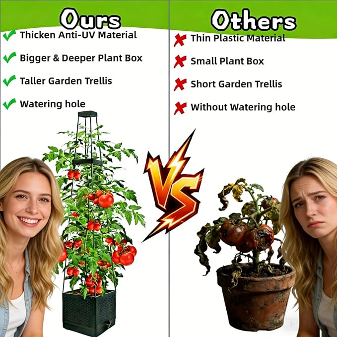 2Pcs Raised Garden Bed Tomato Planter Box with Trellis, 57 Inch Self-Watering Large Tomato Cage for Patio Garden Pots, Climbing Plants Cucumber Vine Vegetables Flowers Outdoor & Indoor