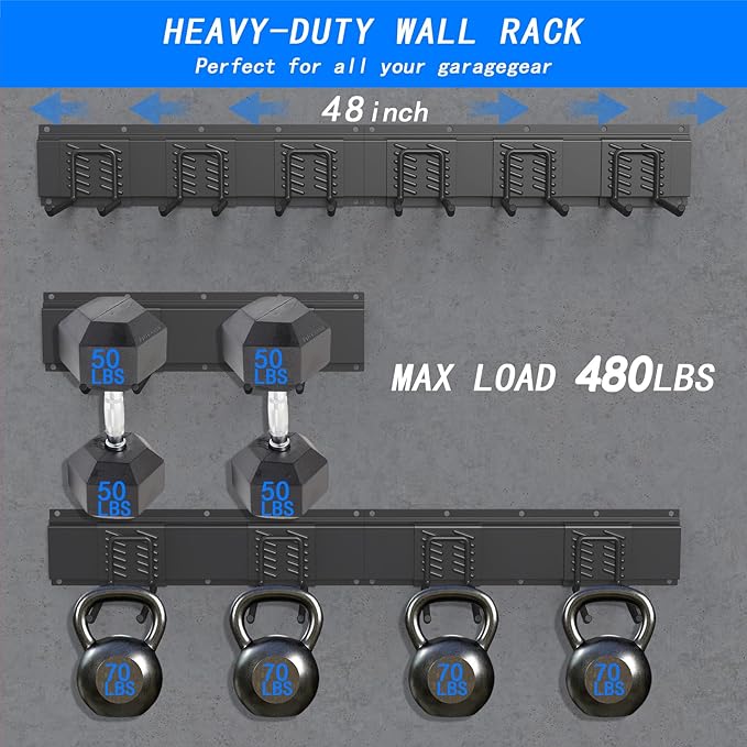 CBWLWJ 48'' Garage Tool Organizer Wall Mount - Heavy Duty 480 lbs Capacity Tool Rack with 6 Adjustable Straight Hooks, Wall Mounted Storage System for Garage, Shed, Workshop (Black)