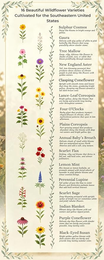 North Carolina Bulk Perennial Wildflower Seed Mix 1lb Covers 2,000sq-ft - Attract Pollinators, Multi-Color Blooms - Southeast US Species Plant in Spring/Fall, Earth-Friendly Packaging (1/2 Pound)