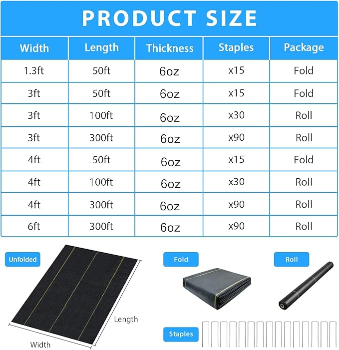 3.5oz Weed Barrier Fabric, Custom Size 6ft x 85ft Heavy-Duty Woven Landscape Fabric with Staples for Garden Weed Control & High Permeability
