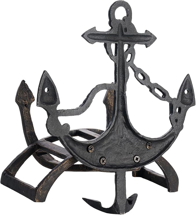MyGift Brown Heavy Duty Cast Iron Outdoor Garden Hose Hanger Wall Mounted Water Hose Holder Reel with Vintage Scrollwork Design (Ship Anchor)