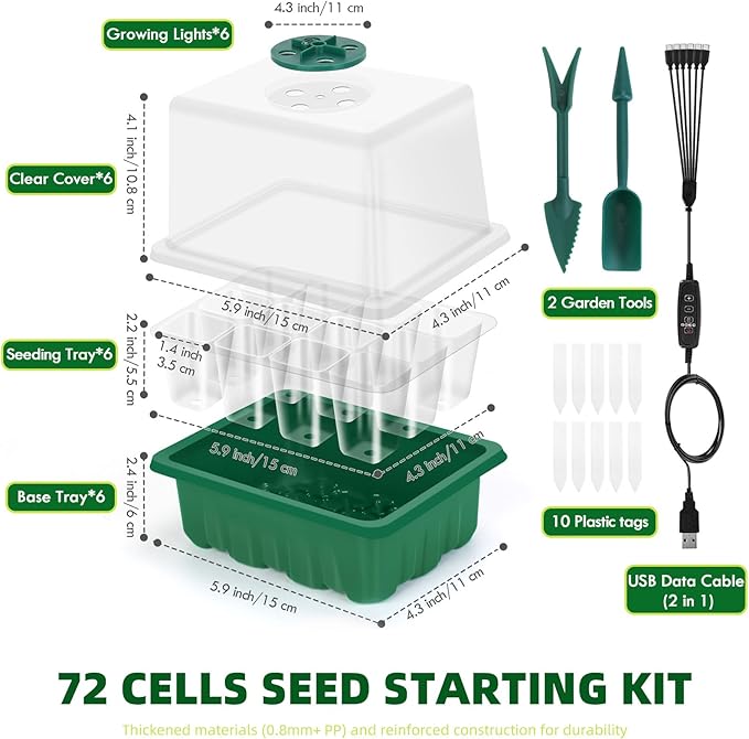 Seed Starter Tray with Grow Light, 6-Pack 72 Cell Seed Starter Trays, Germination Tray with Humidity Dome, Timing, Adjustable Brightness for Starting Vegetable, Flower, Indoor Herb Garden