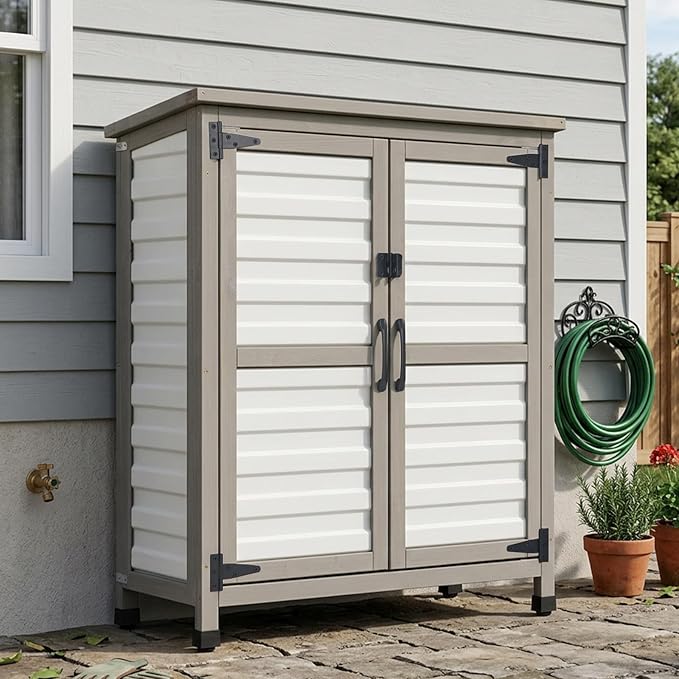 PetsCosset Outdoor Storage Cabinet with Lockable Doors, Wood & Plastic Horizontal Garden Patio Storage Box for Tools Toys Pool Accessories, Easy to Assemble, White