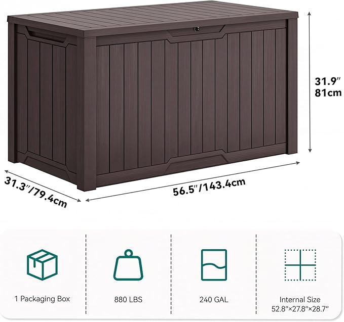 YITAHOME XXL 240 Gallon Large Outdoor Storage Deck Box for Patio Furniture, Outdoor Cushions, Garden Tools and Sports/Pools Equipment, Weather Resistant Resin, Lockable (Dark Brown)