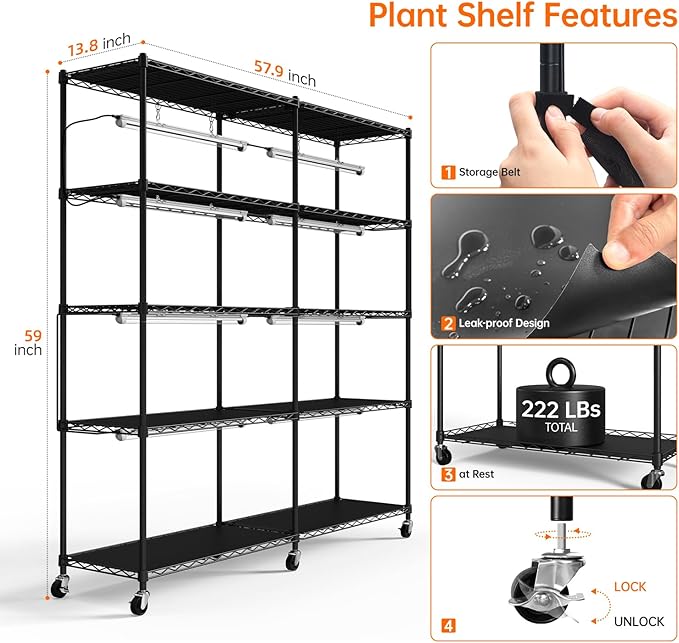 Bstrip 5-Tier Plant Shelf with Grow Light, Large L-Shaped or Long Shape Indoor Plant Stand, 8 Pack 192W T8 Full Spectrum Grow Lights for Indoor Plants & Seed Starting (58L x 13.8W x 59H)
