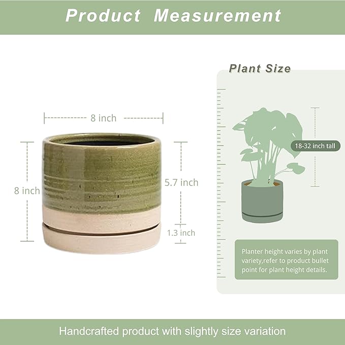 HERDUK 8 Inch Pots for Plants, Ceramic Planter Pot with Drainage Hole & Saucer, Indoor/Outdoor Cylinder Round Planter Pot, Green & Beige