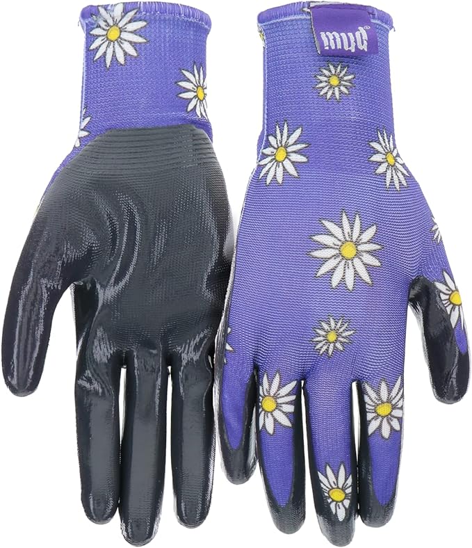 Mud Grip Women's Daisy Printed Polyester Shell and Flat Nitrile Coated Palm Gardening Gloves,