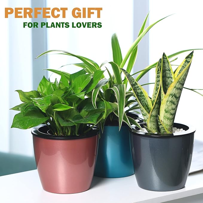 Planterhoma Self Watering Pots for Indoor Plants (Silver Gold, 6.7 Inch/5 Pack)