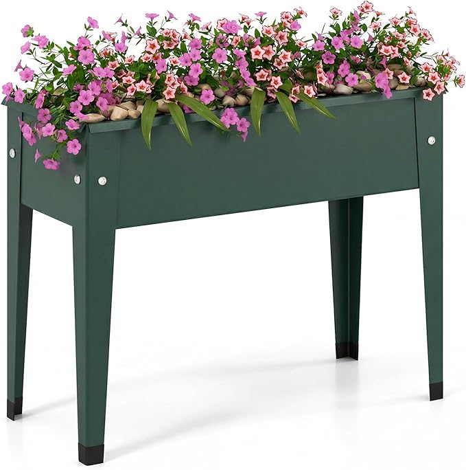 Giantex Metal Raised Garden Bed with Legs, 24”x11”x18” Elevated Planter Box with Drainage Holes for Vegetable Fruit Flower Herb, Outdoor Standing Gardening Box for Balcony Backyard Patio Porch, Green