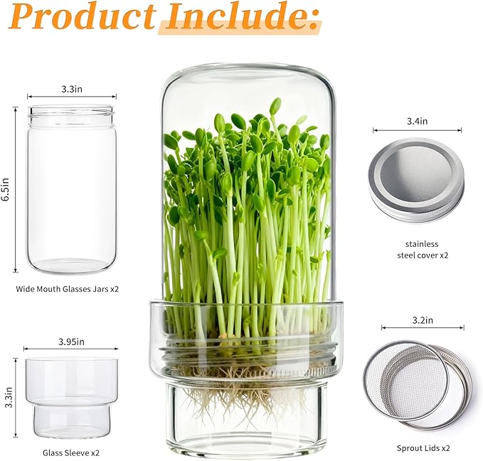 Updated Sprouting Kit - 2 Sprouting Jar Kits, Wide Mouth Quart Mason Jars | Broccoli, Microgreens, Alfalfa Sprout Jar | Perfect for Home Gardeners, Health Enthusiasts & Vegan Diets