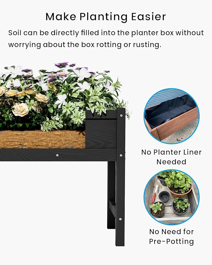 HDPE Raised Garden Bed with Legs, Outdoor All-Weather Elevated Planter Box Raised Beds for Seeds, Herb, Flower, Vegetable (Black)