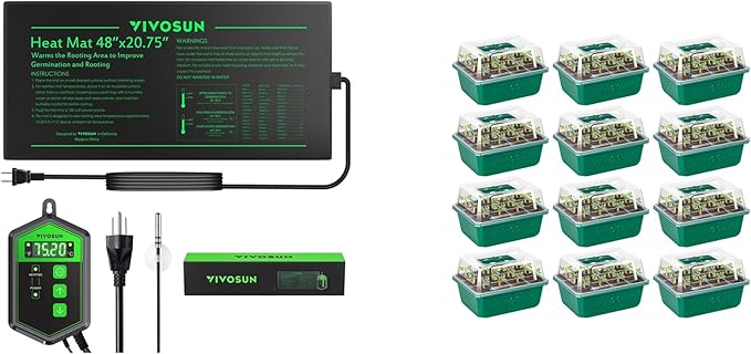 VIVOSUN 48" x 20.75" Seedling Heat Mat and Digital Thermostat Combo Set and 12-Pack Seed Starter Trays, 144-Cell Seed Starter Kit with Humidity Dome, Flat Reusable Plant Germination Trays