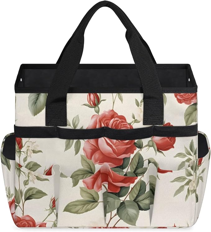Garden Tool Bag Organizer Garden Tote Bag with Pockets Rose Pattern Tool Storage Organizer Gardening Tool Kit Holder 13" x 6.8" x 2.8"