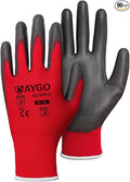 KAYGO Work Gloves for Men and Women, 60 Pairs Seamless Knit PU Coated Safety Gloves, with Smooth Grip on Palm and Fingers, Ideal for Light Warehouse, Manufacturing, Gardening, KG11P (XL, Red)