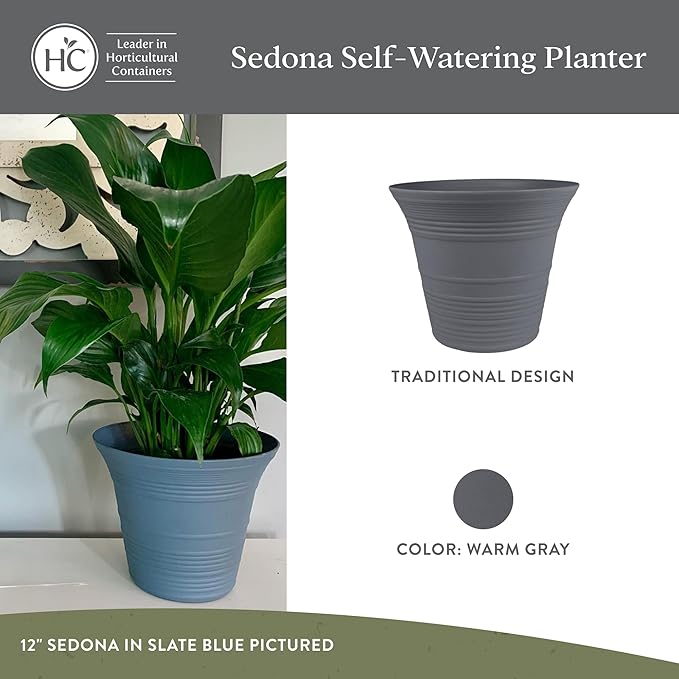 The HC Companies 12 Inch Sedona Round Self Watering Planter Pots, Lightweight UV-Resistant Plastic Indoor & Outdoor Planters, 2-Pack Flower Pots for Garden & Home Decor, Warm Gray