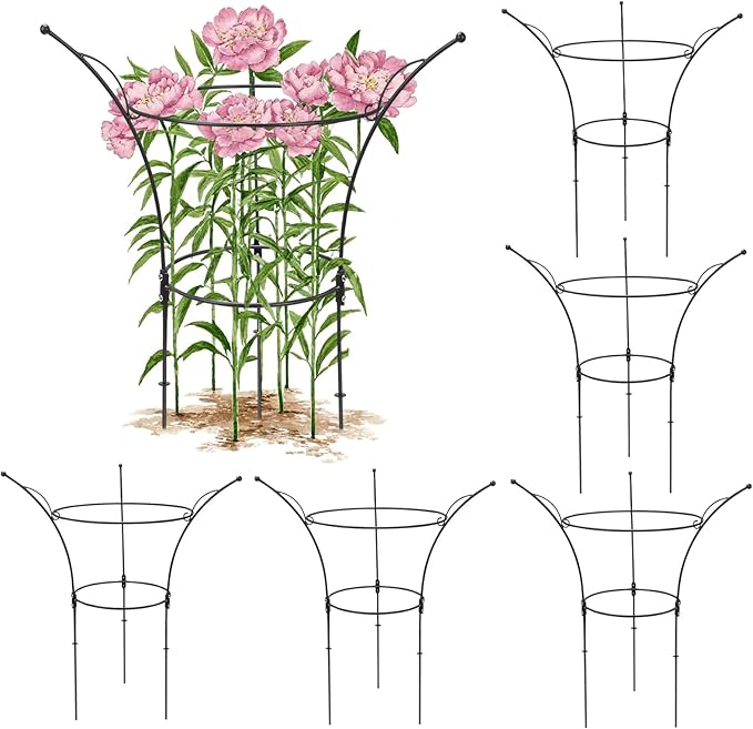 6 Pack Peony Cages and Supports Cages 13" D x 22.8" H Heavy Duty Metal Support Frame for Peonies & Roses Natural Bouquet Shape Garden Stakes for Outdoor Plants Flowers Ornamental (Black)