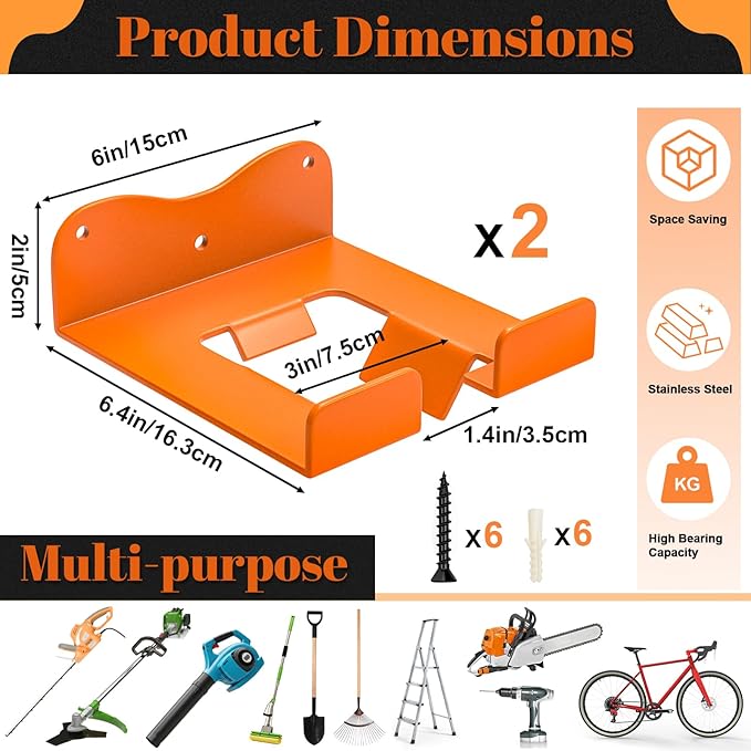 Weed Eater Hanger Garage Organizer Trimmer Rack, Garden Power Tool Hanger Weed Whackers Holder, Hedge Trimmer Wall Mounted for Grass Trimmer Hedge Trimmer Leaf Blower Chainsaw (Orange-2Pcs)