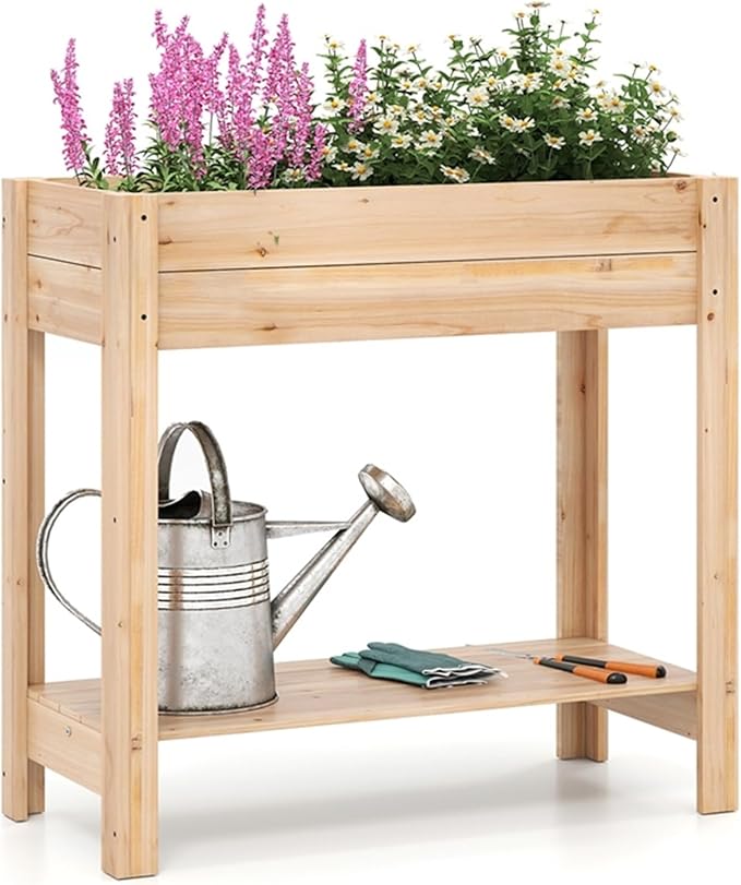 Giantex Wood Raised Garden Bed w/Lower Shelf, Planter Box with Legs for Flower Herb Vegetable Fruit, Indoor Outdoor Elevated Raised Beds for Gardening, Backyard, Patio, Balcony