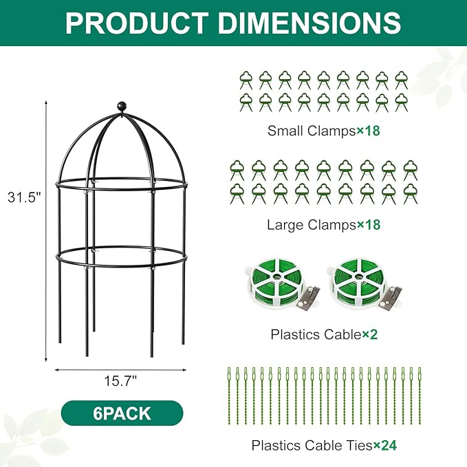 DoCred 6 Pack Plant Support Cage Large Peony Cages and Supports Peony Cage Obelisk Trellis for Climbing Plants Tomato Cages Plant Supports for Outdoor Plants Garden Decor, Black
