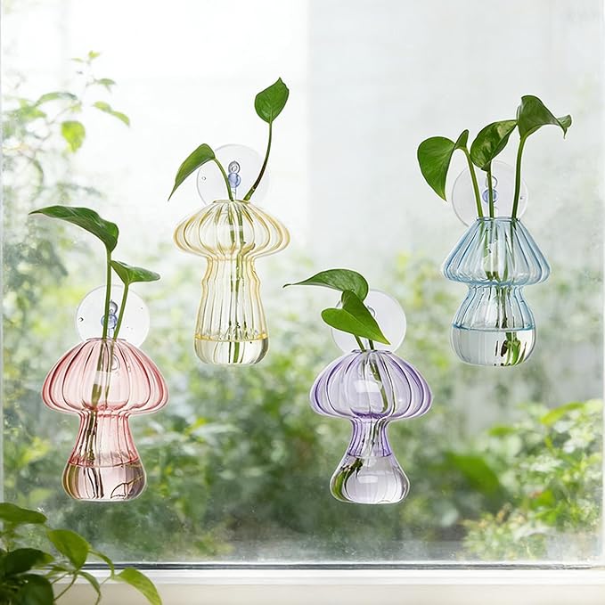 Window Propagation Stations, 4 pcs Colored Mushroom Plant Propagation Station with Suction Cups, Easy to Install Window Hanging Planer, Indoor No Nails Glass Vase Terrarium for Plants&Flowers