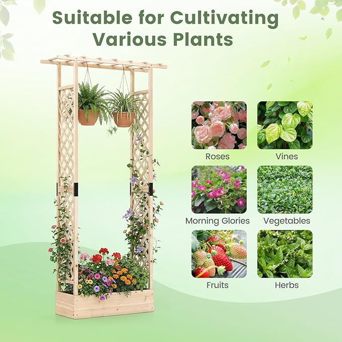 Giantex Wooden Raised Garden Bed with Trellis & Hanging Roof, Fir Wood Planter Box, 89” Freestanding Elevated Garden Bed for Outdoor Climbing Plants Vegetables Flowers, Patio & Balcony, Natural