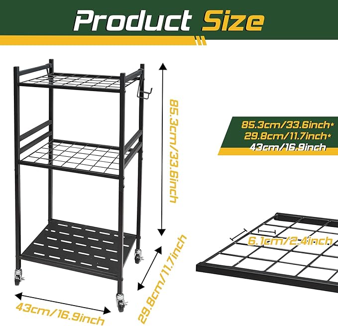Garden Tool Organizer, 3-Tier Yard Tool Storage Rack with 35 Slots & 3 Hooks, Heavy Duty Garage Organizer for Shovels, Rakes & Brooms (33.6" x 11.5" x 17")