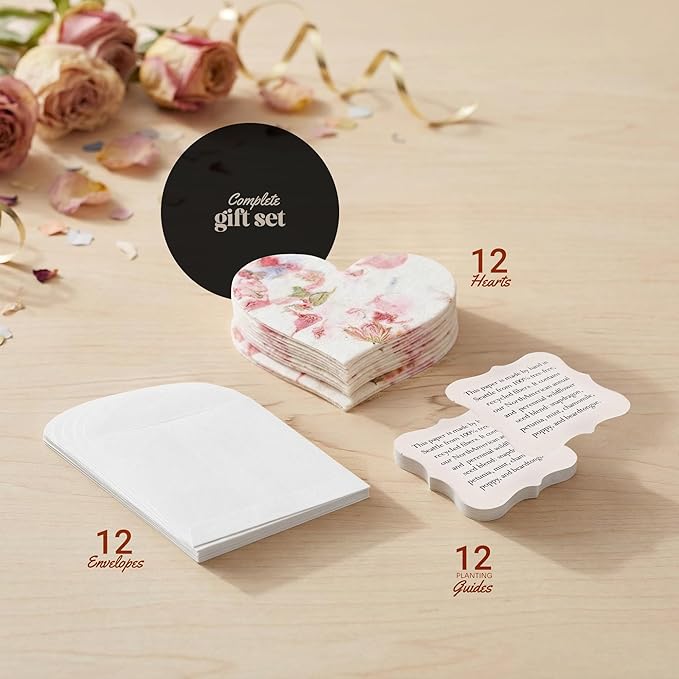Set of 12 Pink Heart Seed Paper – Writable & Plantable Wildflower Hearts with Envelopes & Planting Guides, Gift for Moms or Plant Lovers for Mother’s Day, Heart Party Favors for Weddings & Showers