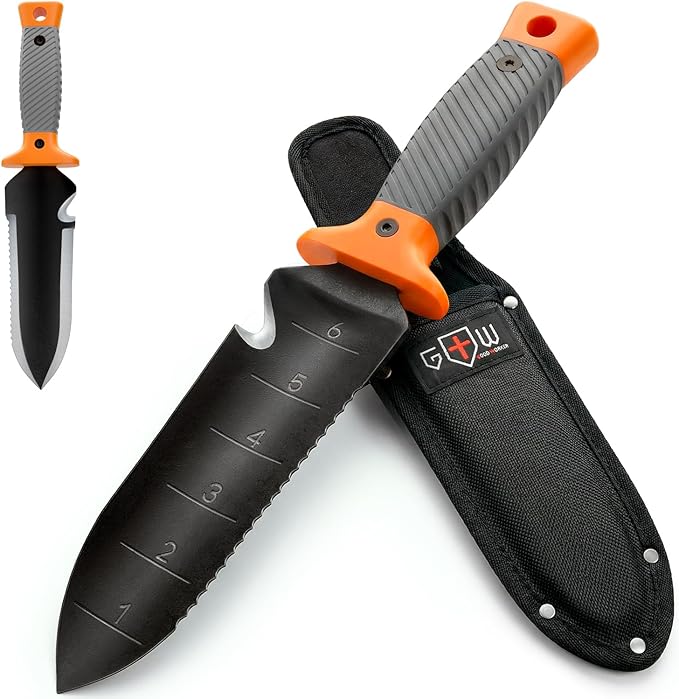Hori Hori Garden Knife 7" with Sheath – Heavy Duty Stainless Steel Multi-Purpose Tool for Weeding, Digging & Planting, Serrated & Straight Full-Tang Blade, Non-Slip Rubber Handle with Safety Guard