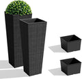 JUMMICO Set of 2 Resin Rattan Tall Planters for Outdoor Plants, Large Tapered Planters with Drainage Holes&Inner Trays, Flower Pots for Garden, Patio, Porch, Backyard (Black, 24'')