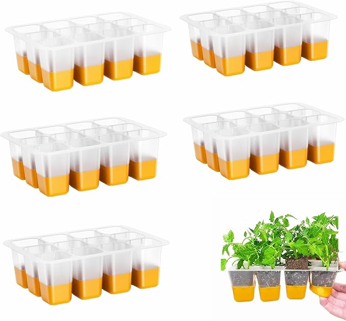 5pcs Seed Starter Tray, Silicone Seeding Starter with Pop-Out Cells (60 Cells in Total), Plant Growing Trays for Seed Starter, Indoor Seeding Planting Growing(5PCS,Orange)